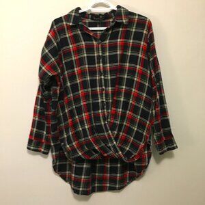 Velvet Heart Plaid Shirt 100% Cotton Twist Hem Droptail Button Down